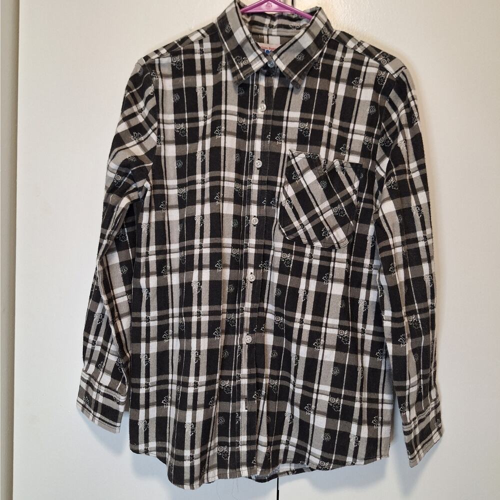 American Sweetheart Womens Black Plaid Floral Button Up Shirt Size Medium